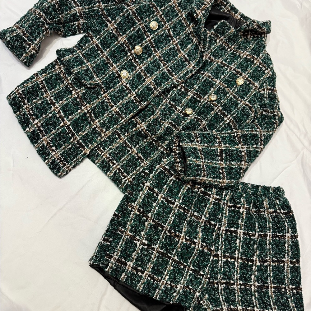SHEIN Green Plaid Kids Matching Set